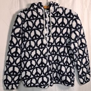 Black & White Peace Sign Sherpa Hoodie XS | Cozy Full Zip w/ Pockets